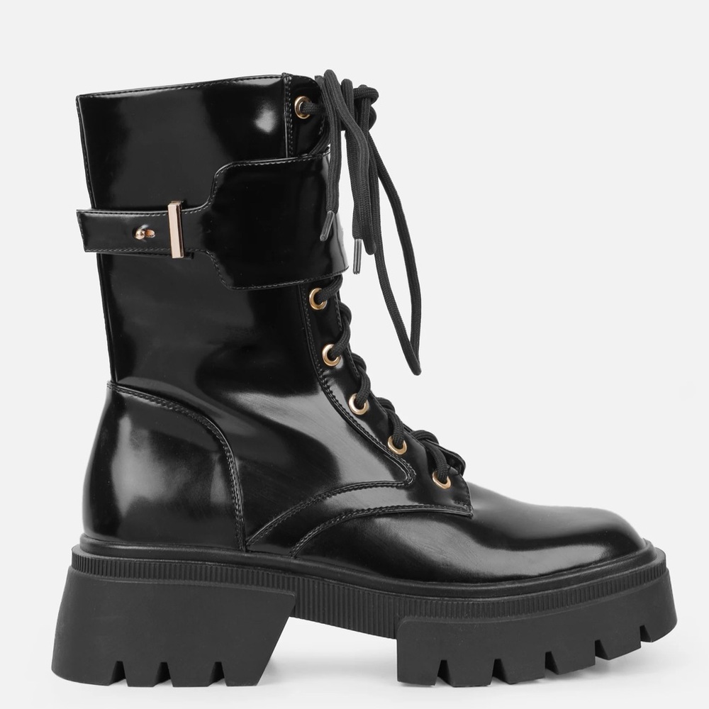 Black Chunky Lace-Up Combat Boots - 9 - Picture 2 of 4